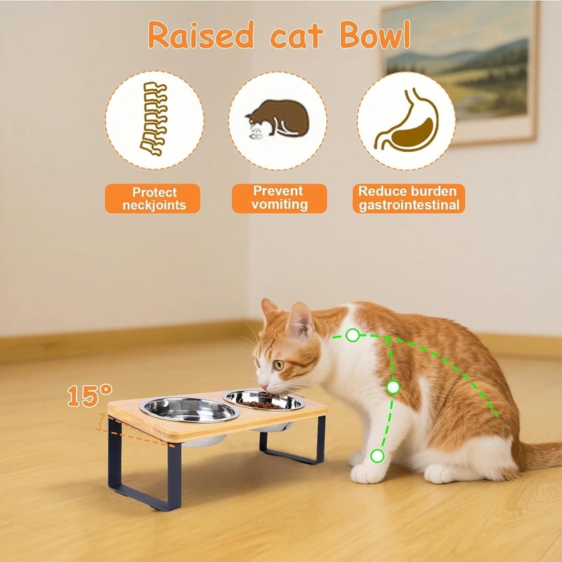 FUNACAY Elevated Cat Bowls, Raised Cat Bowl with 32 oz Stainless Steel Food Bowls Non-Slip Feeder for Cats and Puppy, 15° Tilted Raised Pet Dishes, Indoor Food Bowl with Bamboo Stand Anti Vomiting - Image 2